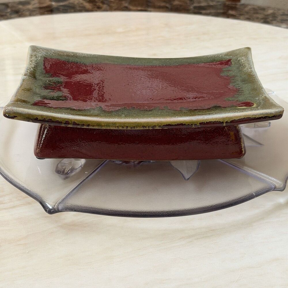 Medium Burgundy Footed Ceramic Serving Platter Rectangular Sushi Appetizer Tray